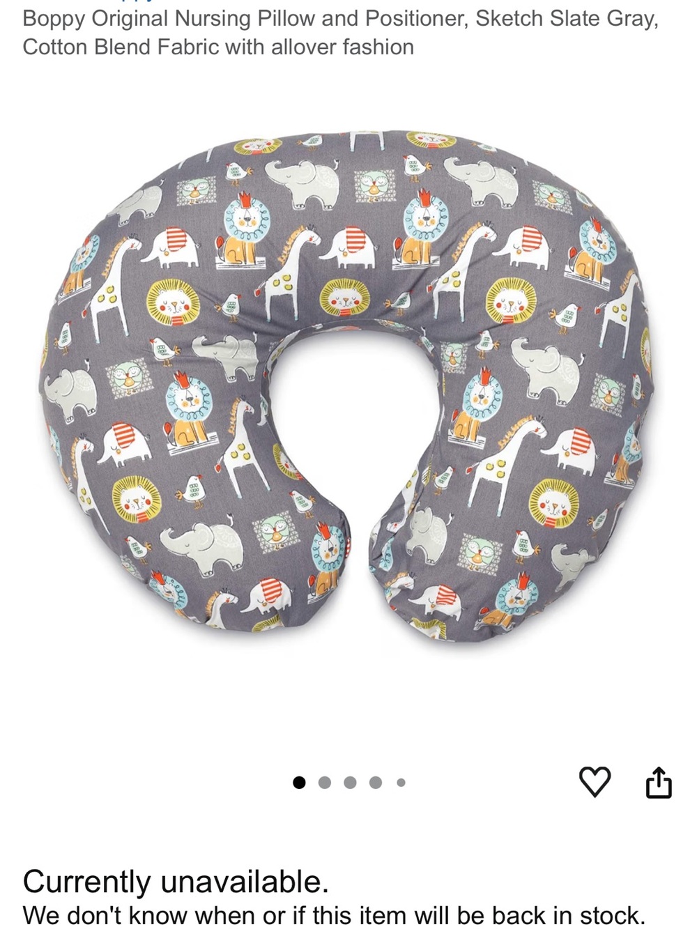Boppy Nursing Pillow Grey with Multicolor Animal Print